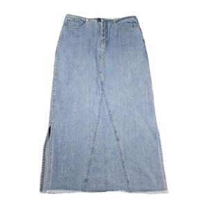 Vintage 90s Denim Pencil Midi Skirt Sz 8 Side Slits Raw Hem Boho Festival Cotton